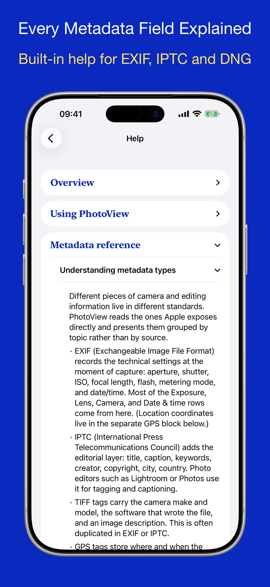 The in-app help explaining what every metadata field means